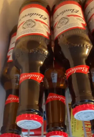 Geladeira com cervejas Budweiser geladas na Dom Elii Barbershop, em Curitiba